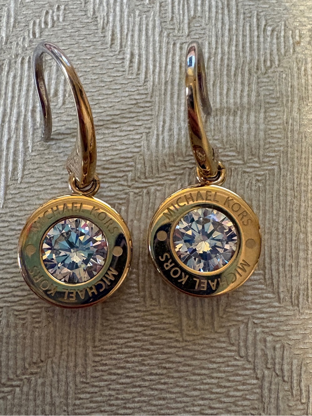 Michael Kors Brillance Logo Gold-Tone Earhook Drop Earrings Never Worn